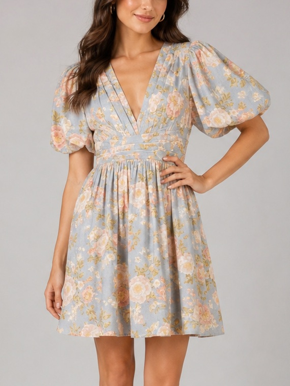 🆕🌸🌿Yumi Kim Gayle Blue Floral Linen Blend Puff Sleeve V-Neck Mini Dress L Chic